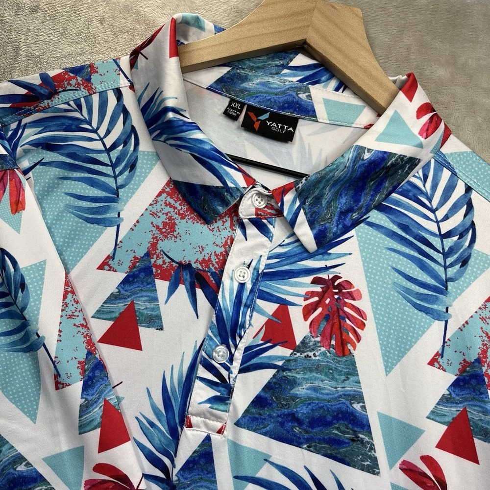 Yatta Golf Men's Polo Shirt 2XL White‎ Tropical Palm Geometric Print Polyester